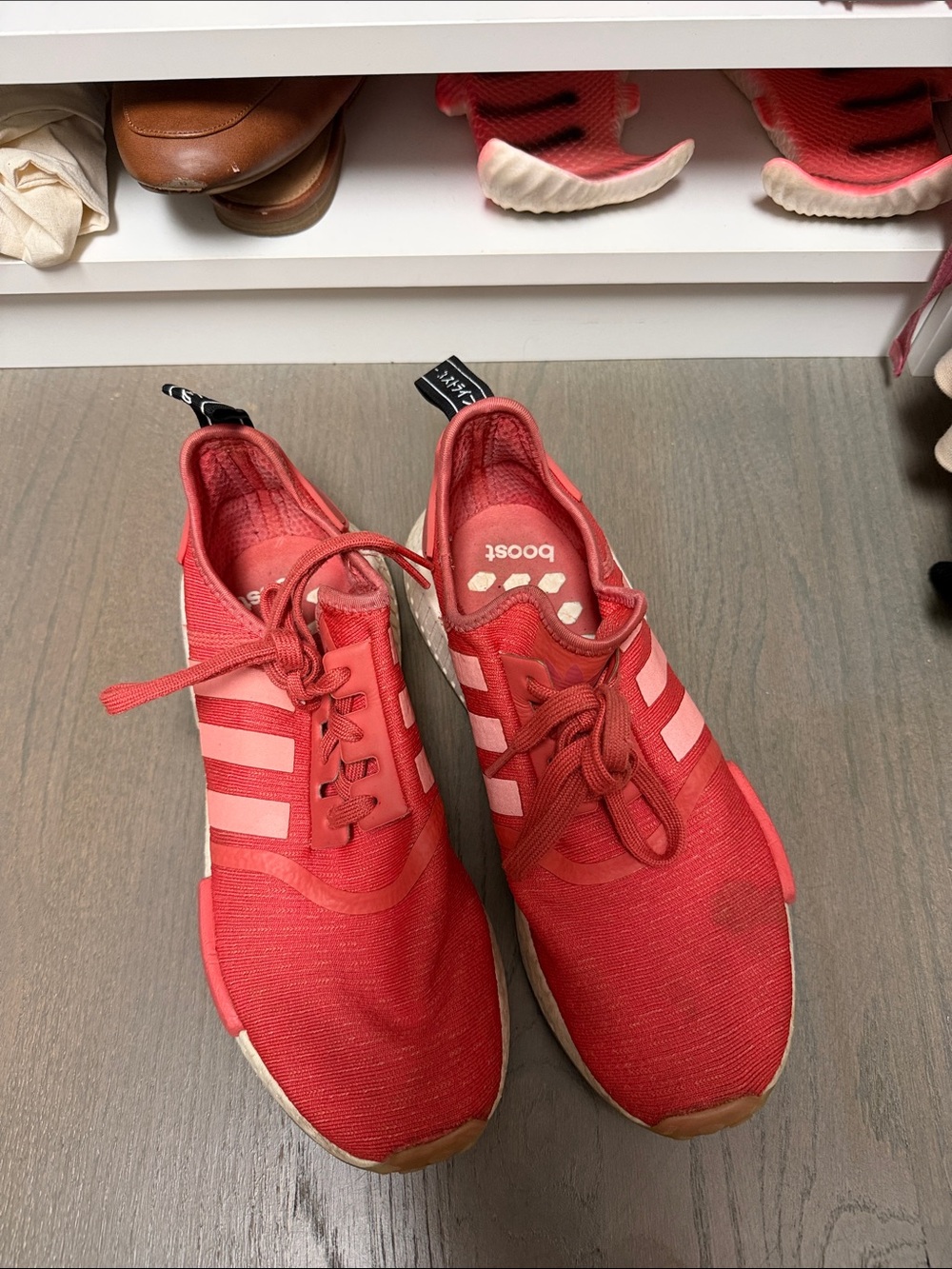 adidas NMDs Red Knit Running Sneakers with Three Stripes